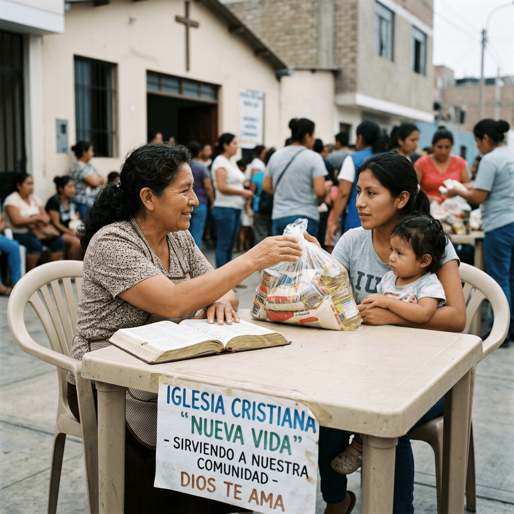Volunteer giving a bag of groceries to a woman holding a child at a church event